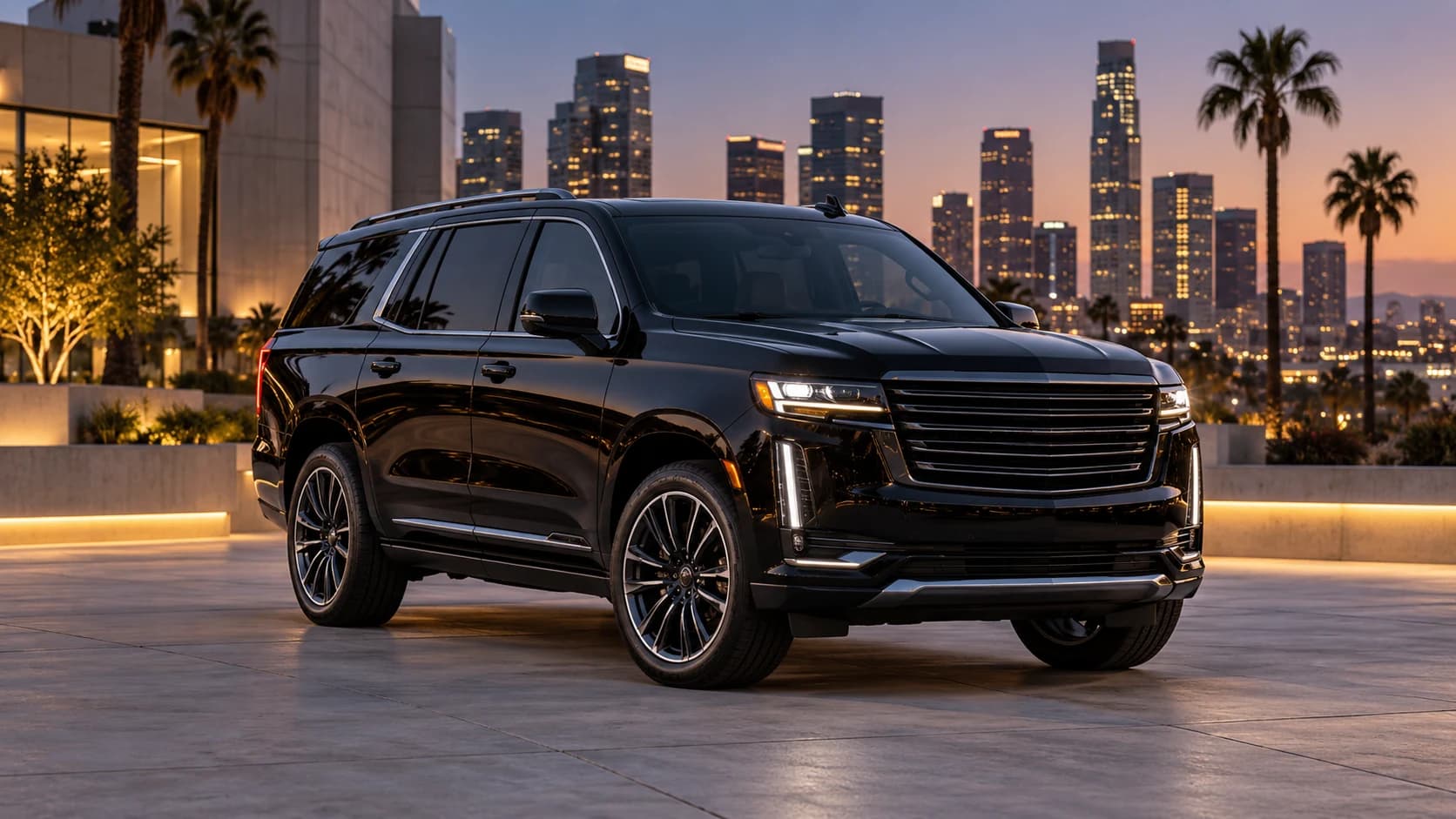 Illustrative premium black SUV outside a city hotel at dusk