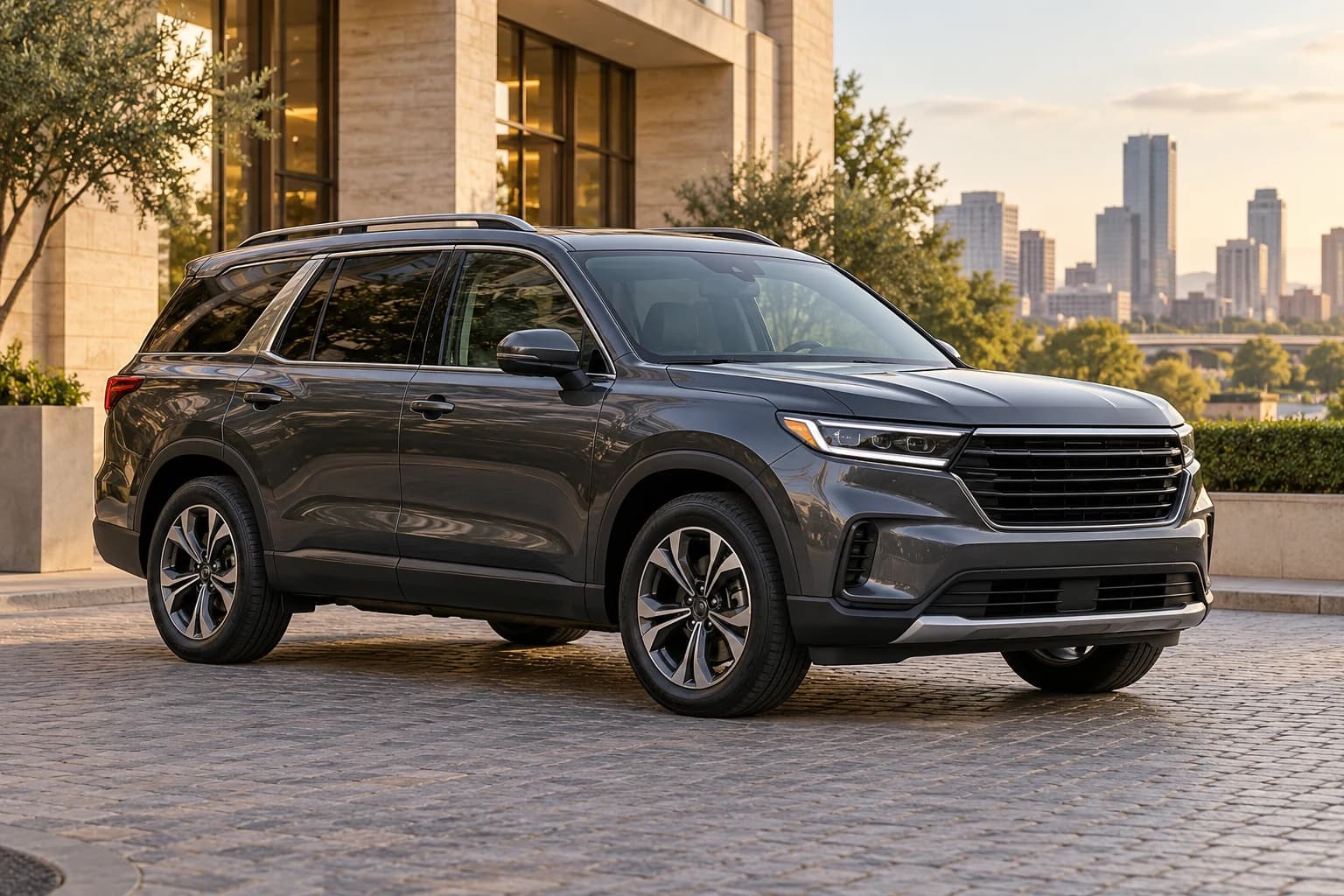Illustrative larger SUV in a warm city setting